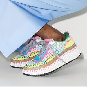 Chloe Nama Happy Yellow Mesh Low Top Platform Sneakers Multicolor Size 10